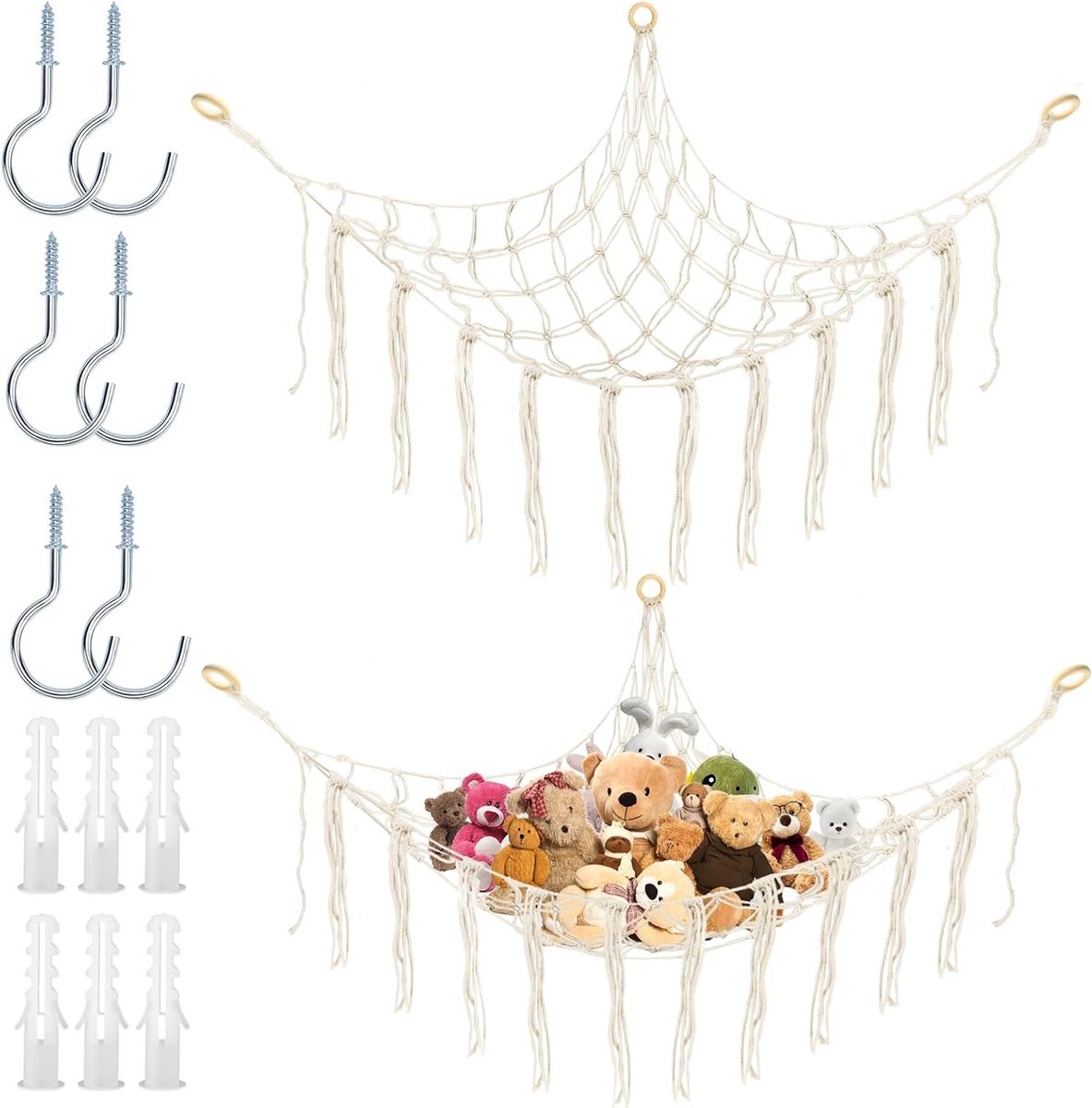 Set van 2 Opbergnetten voor Knuffels - Boho Macrame Hangmat voor Speelgoedopslag en Kinderkamerdecoratie