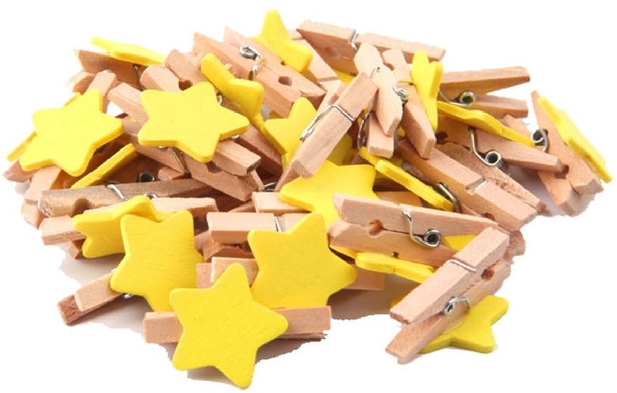 Dailygoods - Dailygoody - sterren wasknijpers hout - mini clips - kleurrijke decoratie - geel - fotohouders voor knutselen - geschikt voor feestdagen - 50 stuks