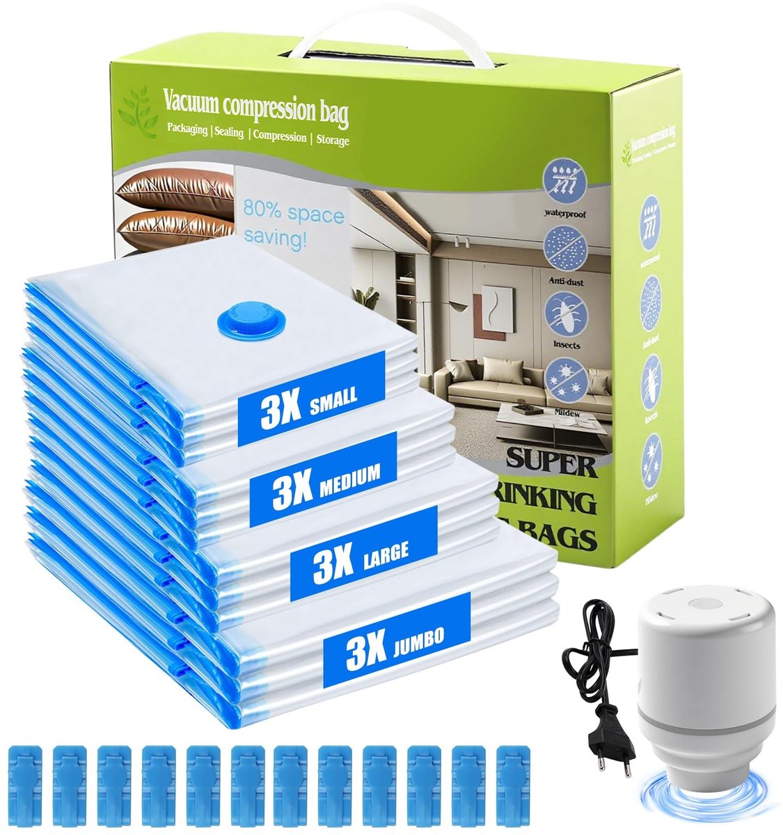 Dailygoods - Dailygoody - Vacuümzakken met Elektrische Pomp - 12 Transparante Compressiezakken voor Kleding en Opslag