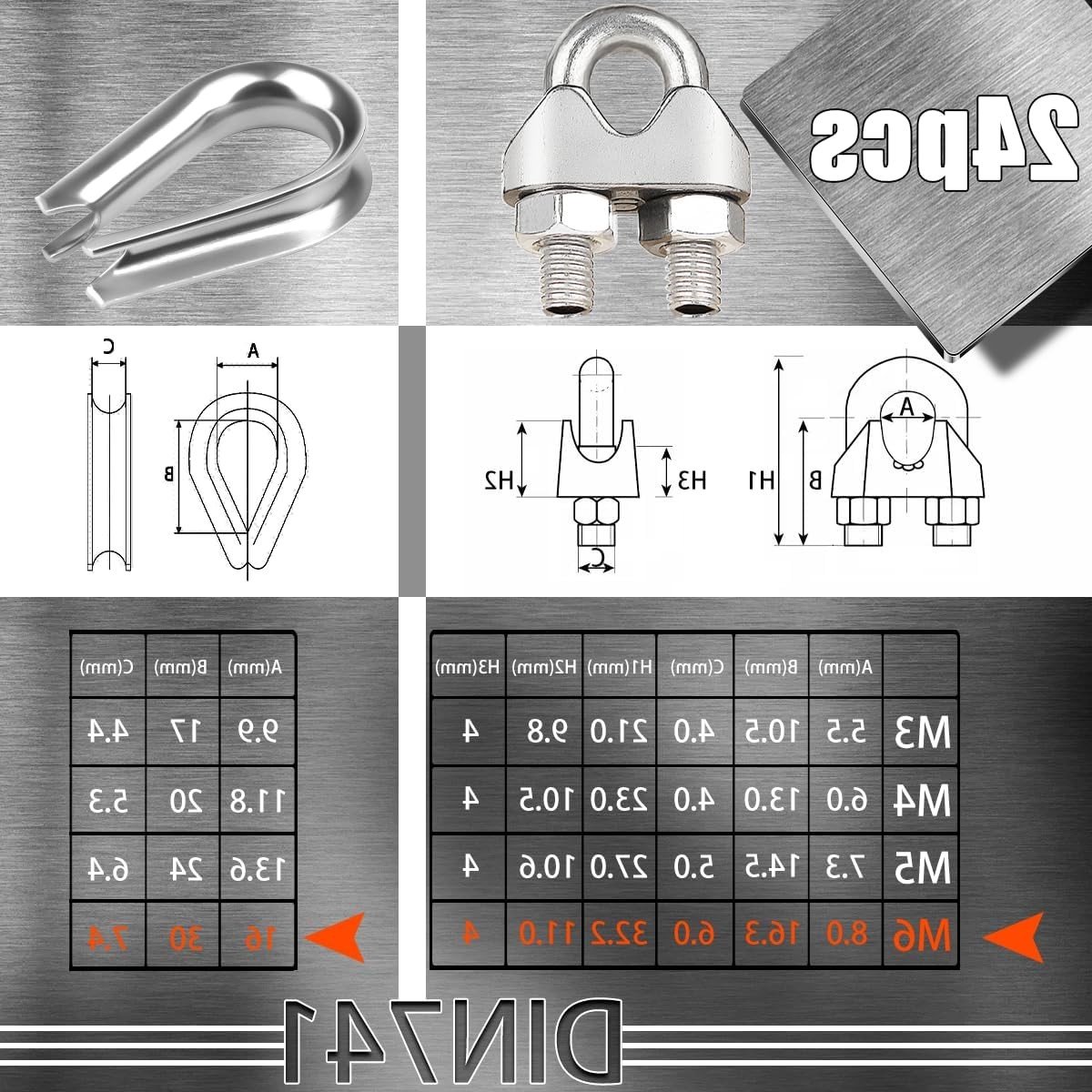 24 Stuks Kabelclips Set 6mm - 12 Stuks M6 Kabelclips en 12 Stuks Draad Kabelsokken - Roestvrijstalen Kabelklemmen voor Kabels, Kledinglijn en Organisatie
