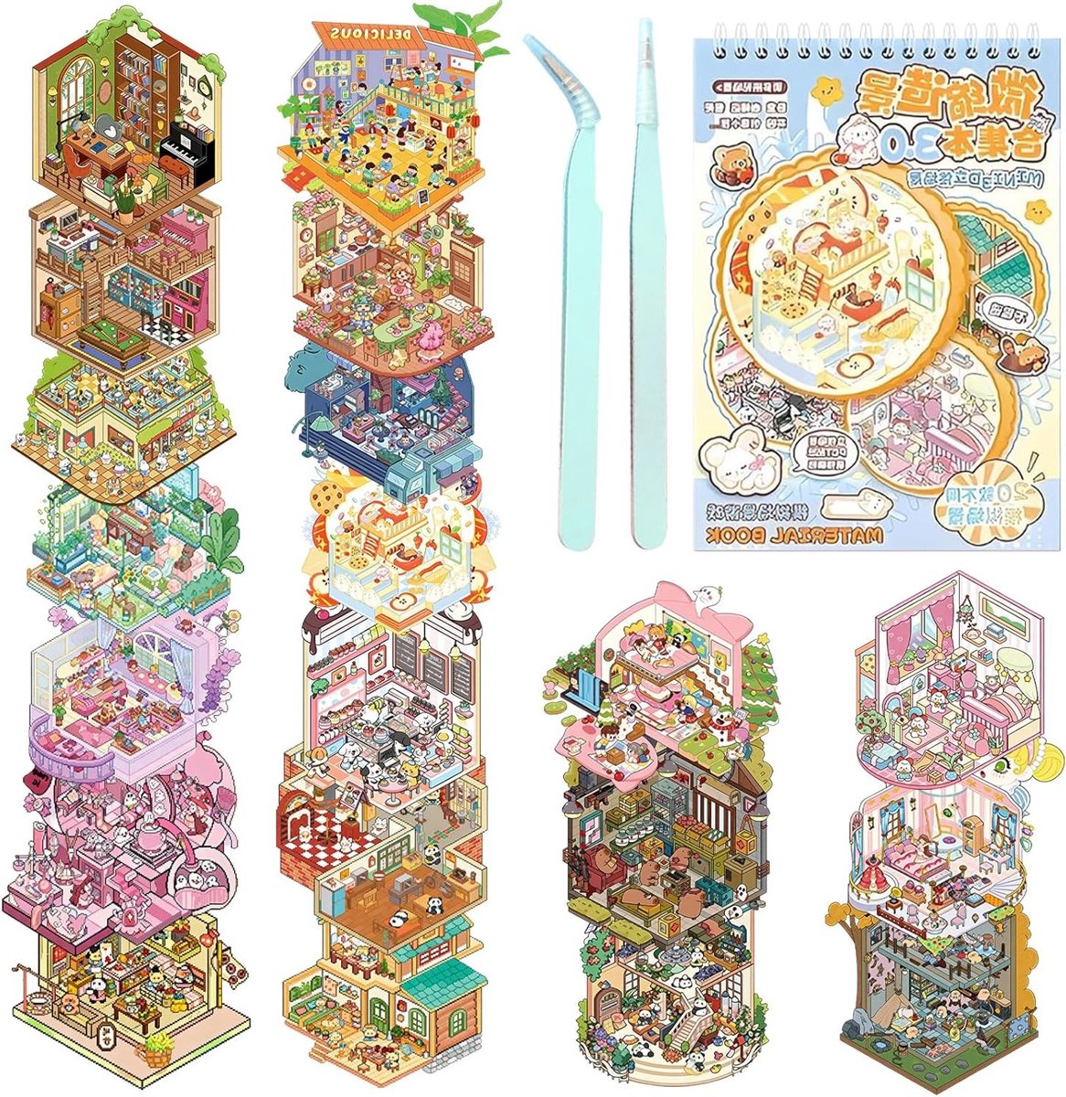 20 sets 3D muurstickers voor miniatuur huizen, creatief decor, stressverlichting en tweezers inbegrepen