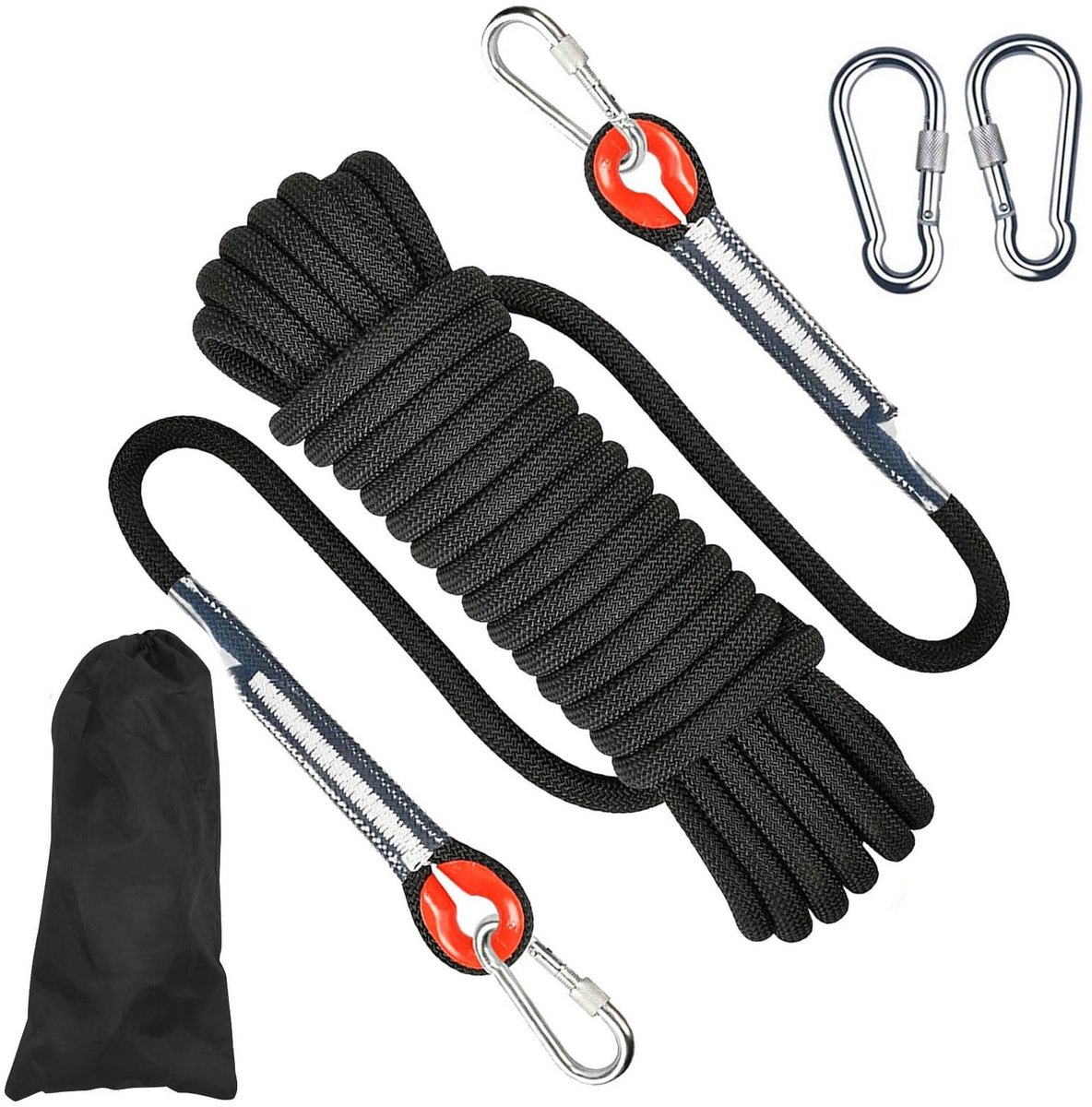 Dailygoods - Dailygoody - Outdoor klimtouw - Sterk touw met karabijnhaken - 10 m zwart - Veiligheidskabel voor outdoor activiteiten - Geschikt voor wandelen e