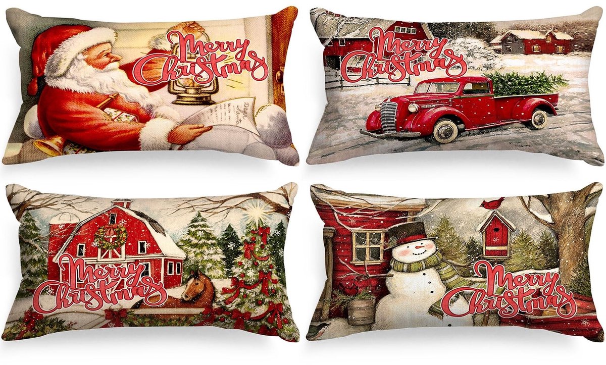Dailygoods - Dailygoody - Vintage Merry Christmas kussenhoezen - Set van 4 - 30x50 cm - Retro kerstman kussenslopen - Perfect voor kerstdecoratie - Ideaal voor woo