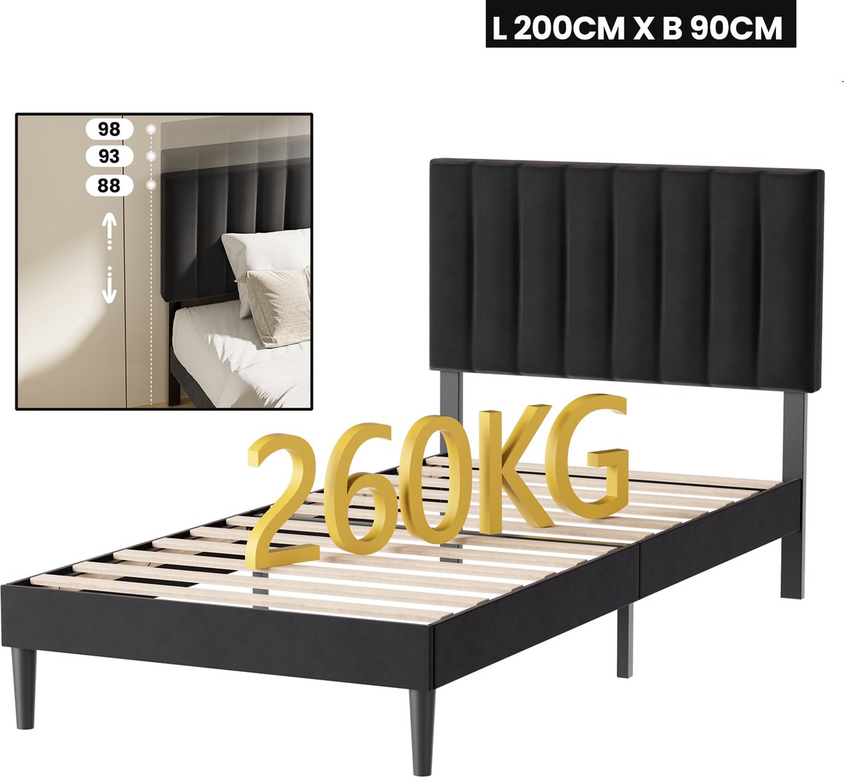 Auralum Max Gestoffeerd Bed 90x200 cm met Hoofdbord en Lattenbodem - Metalen Bedframe - Eenpersoonsbedden met 17 cm Opbergruimte - Gemakkelijk te Monteren