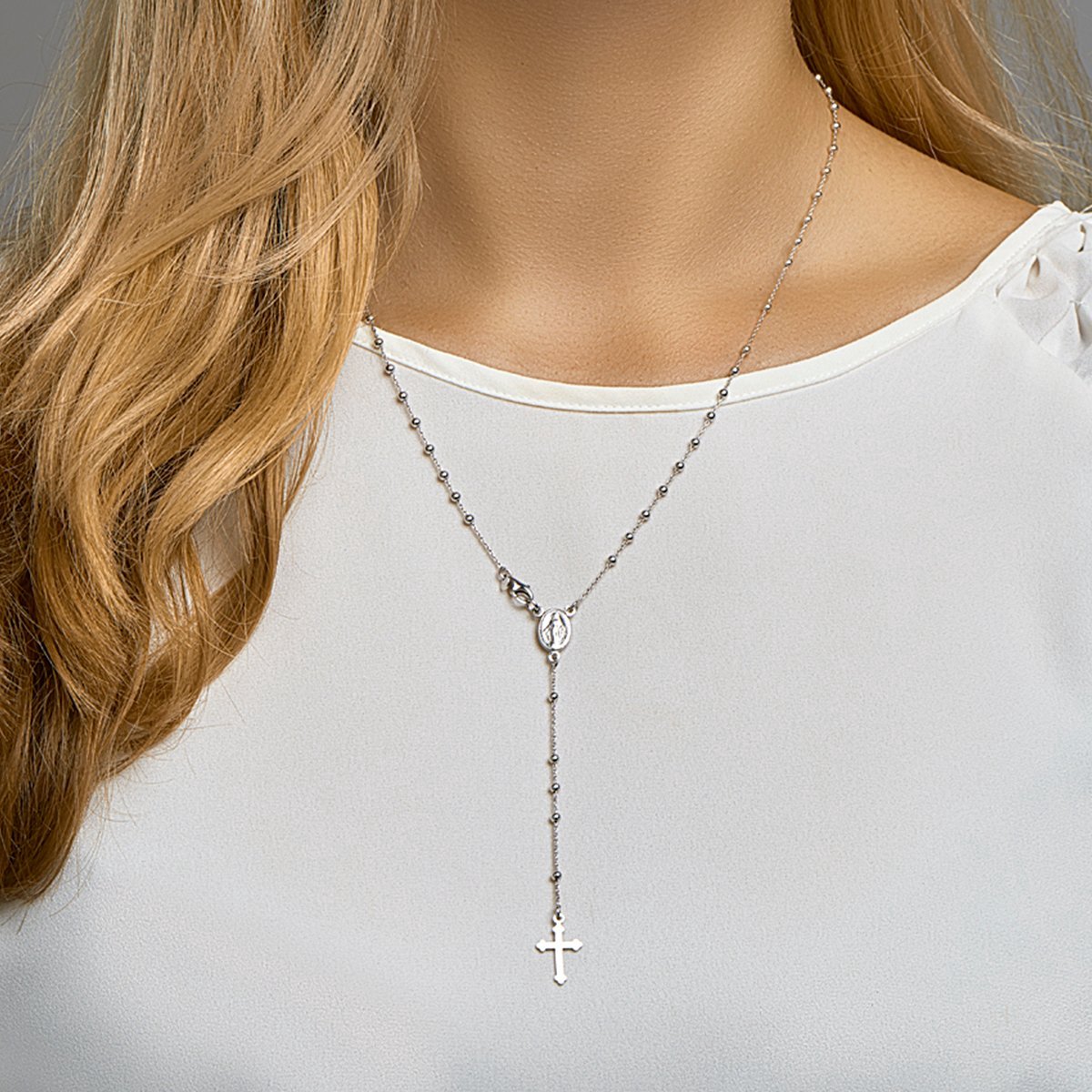 Zilveren Collier met Rozenkrans en Kruis Hanger