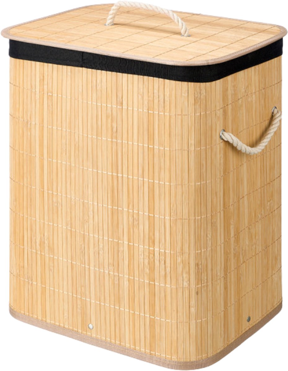 Kipit Wasmand van bamboe - zwart / bruin - 60 liter - 40 x 30 x 50 cm - met deksel - met binnendoek
