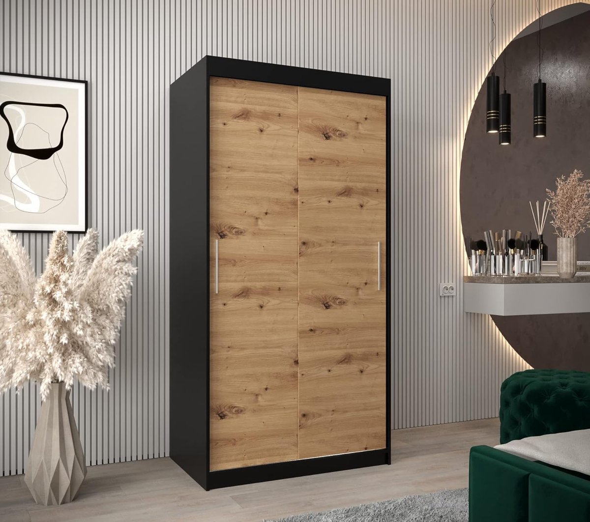 Moderne Luxe Schuifdeur Kledingkast “Urban Tokyo 100” 100x200x62 cm – Mat Zwart & Artisan Eiken Opbergkast met Kledingroede en Legplanken