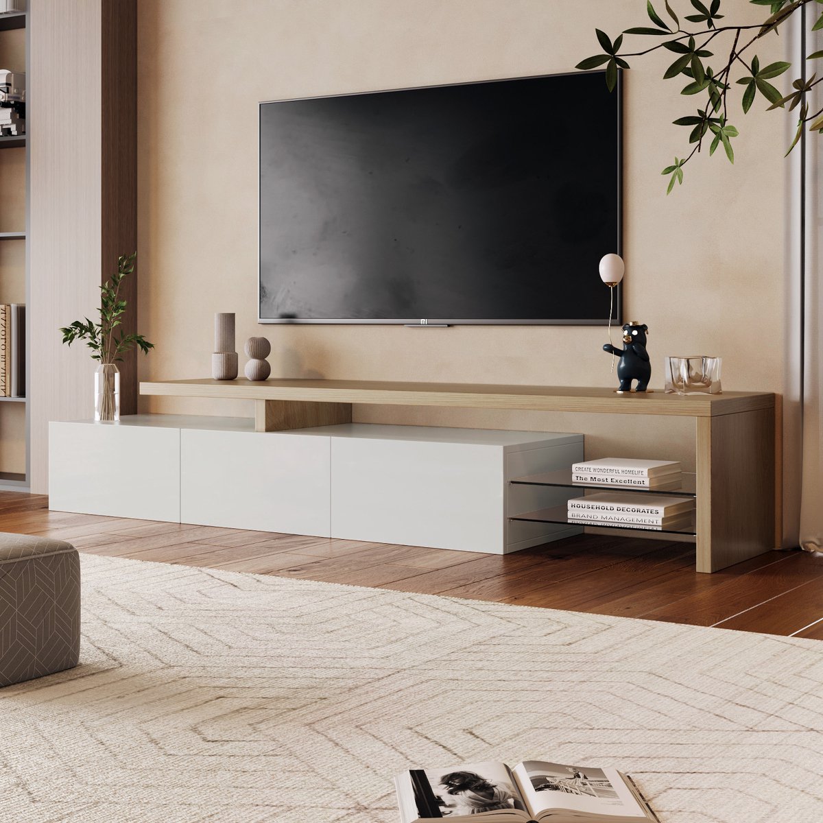 LED-tv-meubel, afmetingen 200x42x39 cm, hoogglans afwerking, met opbergruimte, twee glazen planken en sfeerverlichting wit