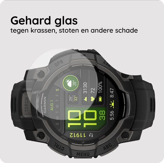 Scherm van Garmin smartwatch met een beschermende screenprotector, die helderheid en bescherming biedt.