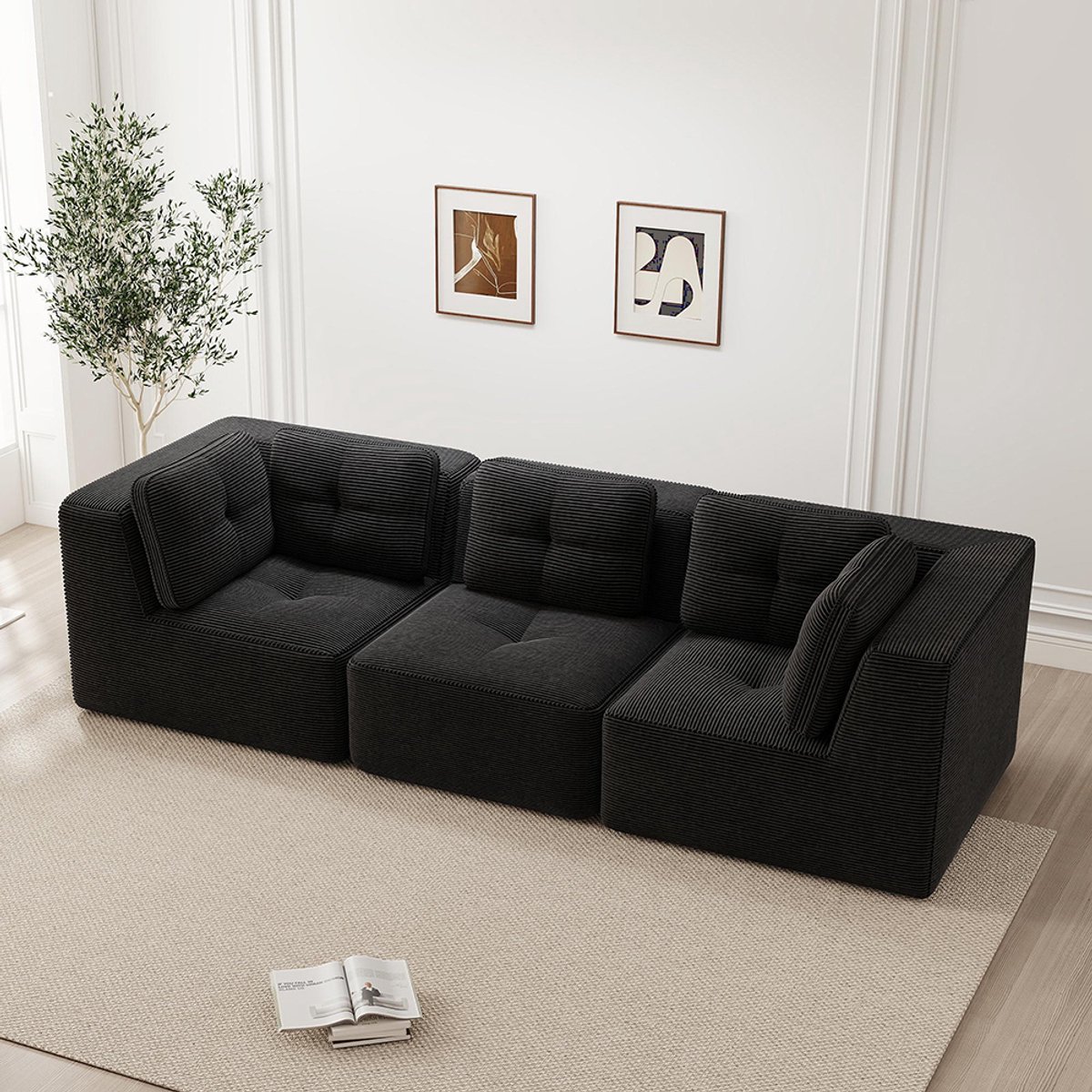BLACKCOLORS Modulaire framevrije bank, modulaire hoekbank, comfortabele bank in Cord, driezitsbank met diepe zitting voor de woonkamer, geen montage nodig, Zwart