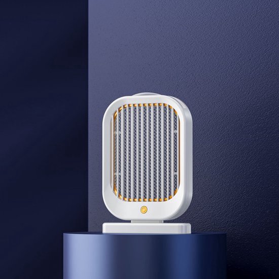 Witte elektrische insectenlamp met gouden rand en verticaal rooster, op een blauwe sokkel.