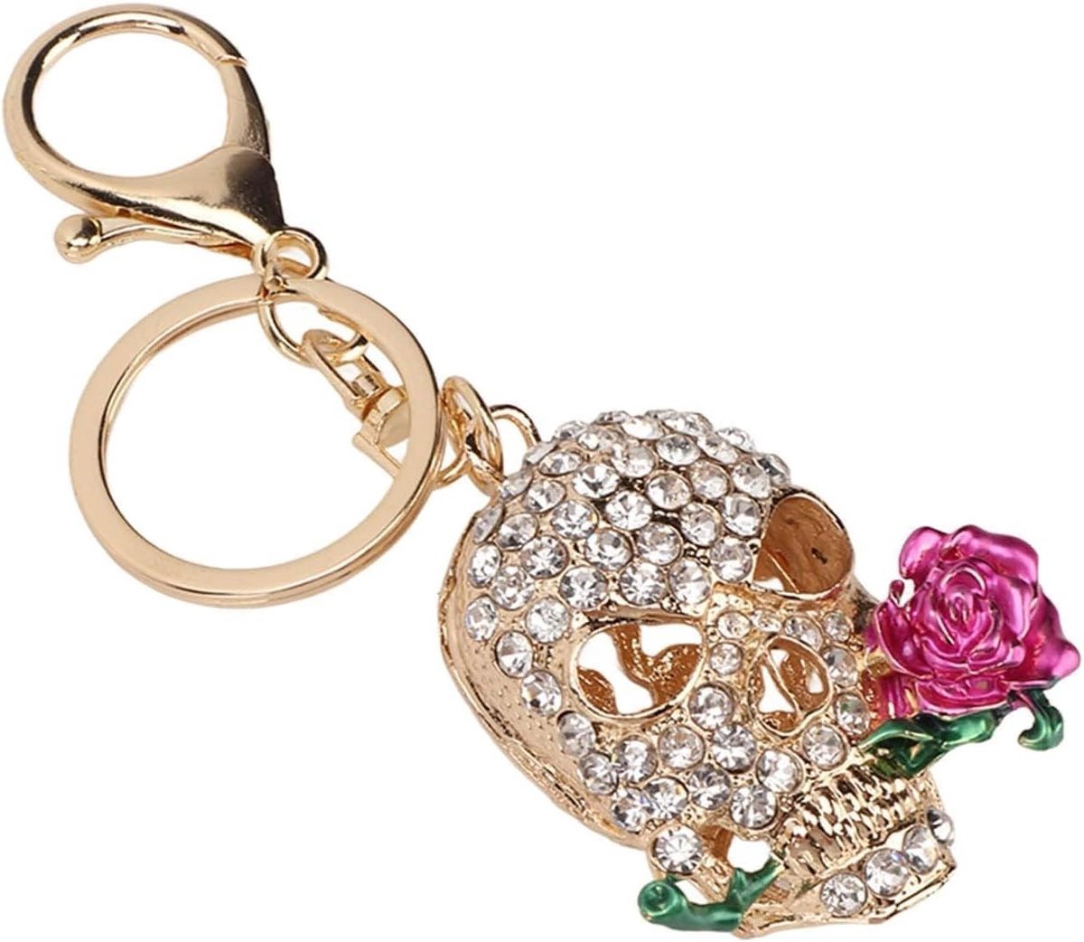 Rhinestone Sleutelhanger met Doodskop en Rozen, Glanzende Sleutelhanger voor Vrouwen, Perfecte Accessoire voor Auto en Sleutels, Uniek en Stijlvol Design