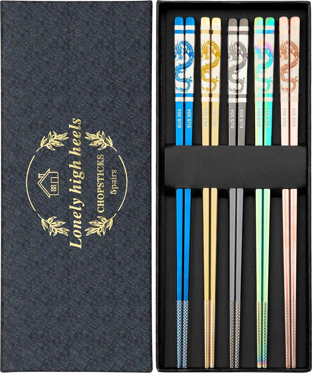 aladdien - Herbruikbare Chopsticks - 5 Paar Roestvrij Staal - Geschikt voor Thuis en Restaurant - Inclusief Drakenpatroon - Vaatwasserbestendig - Pe..