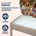 Gedetailleerd beeld van een taupe polyrattan stoel met glasplaat tafel. Groep mensen op de achtergrond.