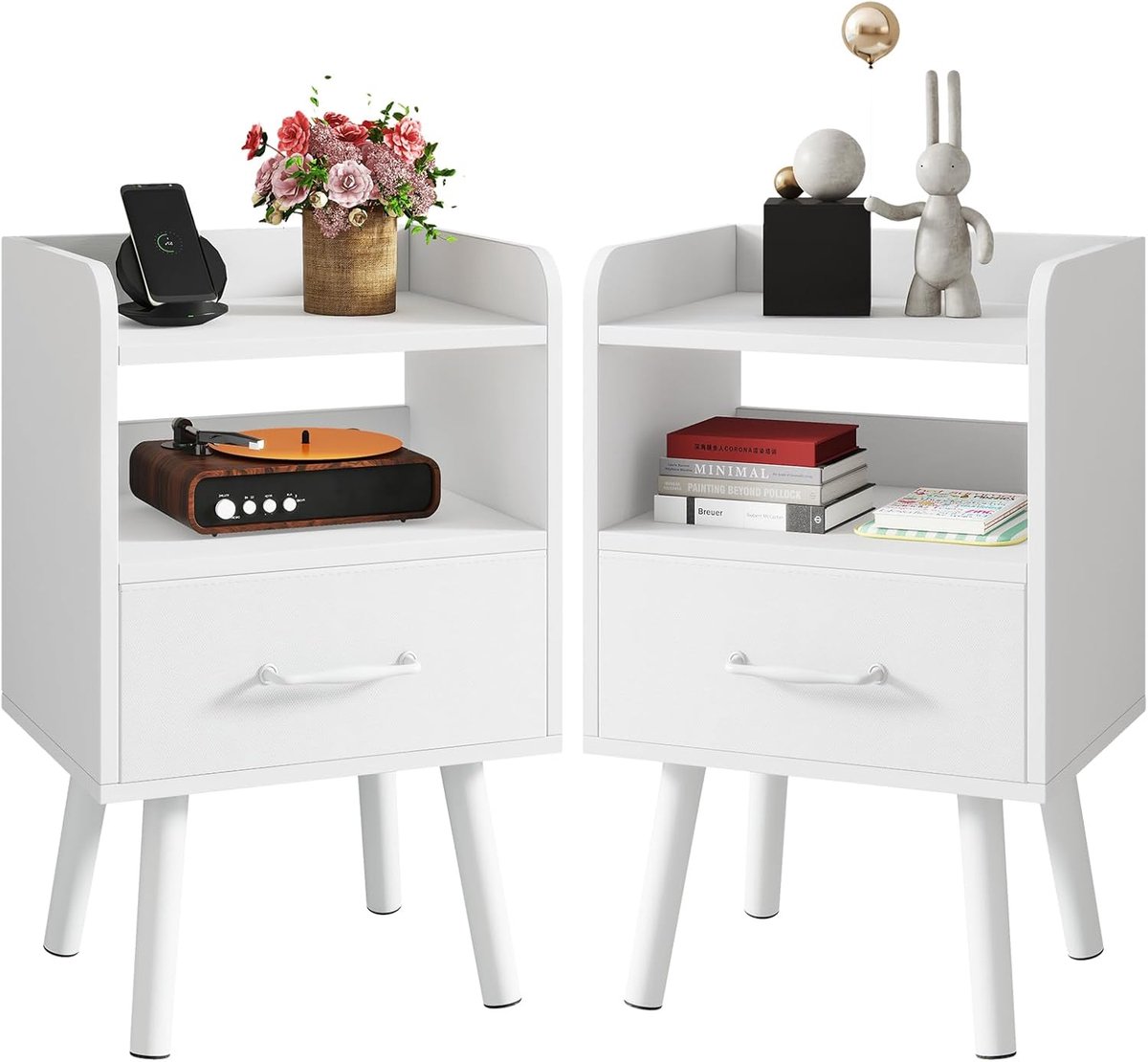 HOMESY Nachttafel Set van 2, Nachtkastje, Bijzettafel, Houten Banktafel, met verschuifbare Stofflade, Open Vak, Massief Houten Poten, 39x29x63 cm, voor Slaapkamer, Woonkamer, Wit