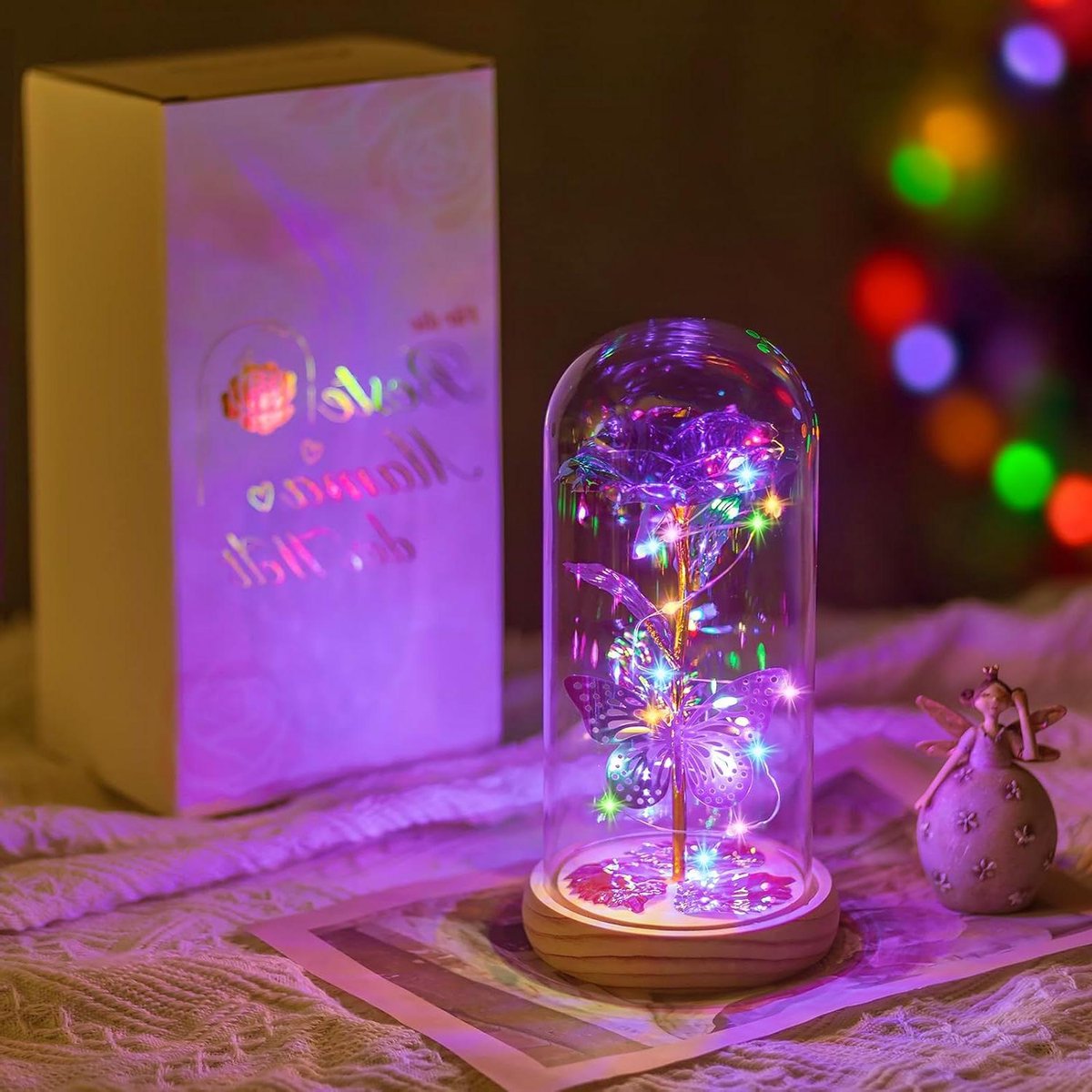 Eeuwige Roos Koepel - Roos Vlinder Decoratie - Romantisch Cadeau Geven - Onderhoudsvrije Verlichting - 22 cm Hoog - Paars