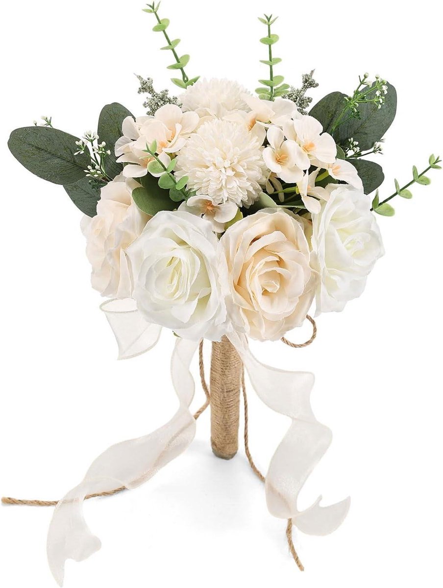 Bruidsboeket Kunstbloemen - Bruiloft Decoratie - Bruiloft Versieren - Zijde en Plastic - 9.5 Inch Breed - Wit en Champagne