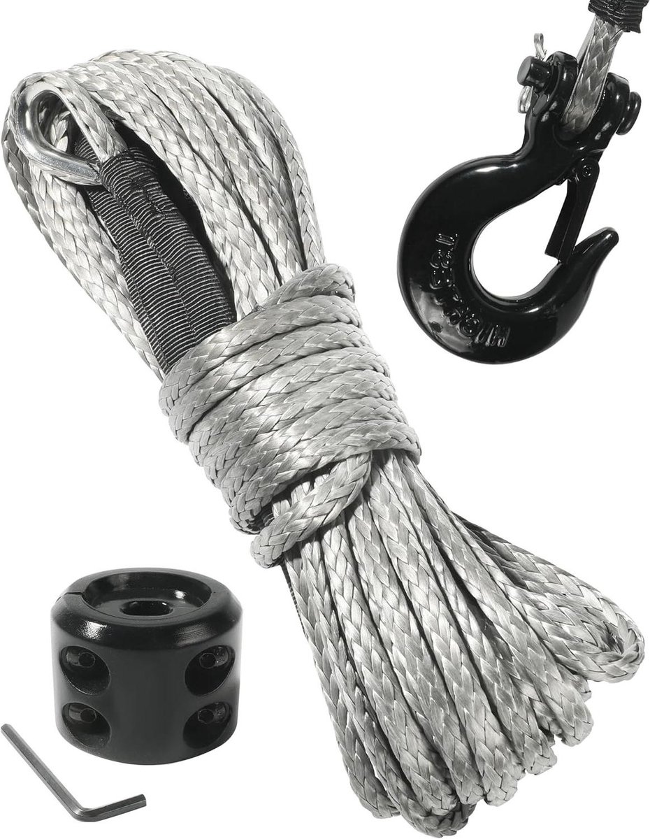 Synthetisch Lier Touw - ATV Lier Lijn - Voertuigen Slepen - Inclusief Haak Stopper - 15 Meter 8000 lbs - Zilver