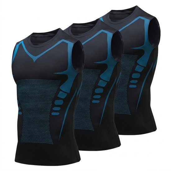 Trois débardeurs de sport noirs avec des lignes bleues et un motif à pois, disposés debout.