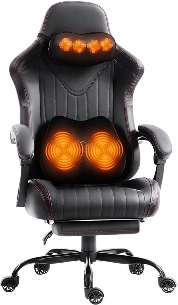 Dowinx ergonomische bureaustoel/gamingstoel – ademend echt leer – massagefunctie – met lendensteun en neksteun – met zitkussen met extra dikke veerkern – draagvermogen tot 150 kg – zwart