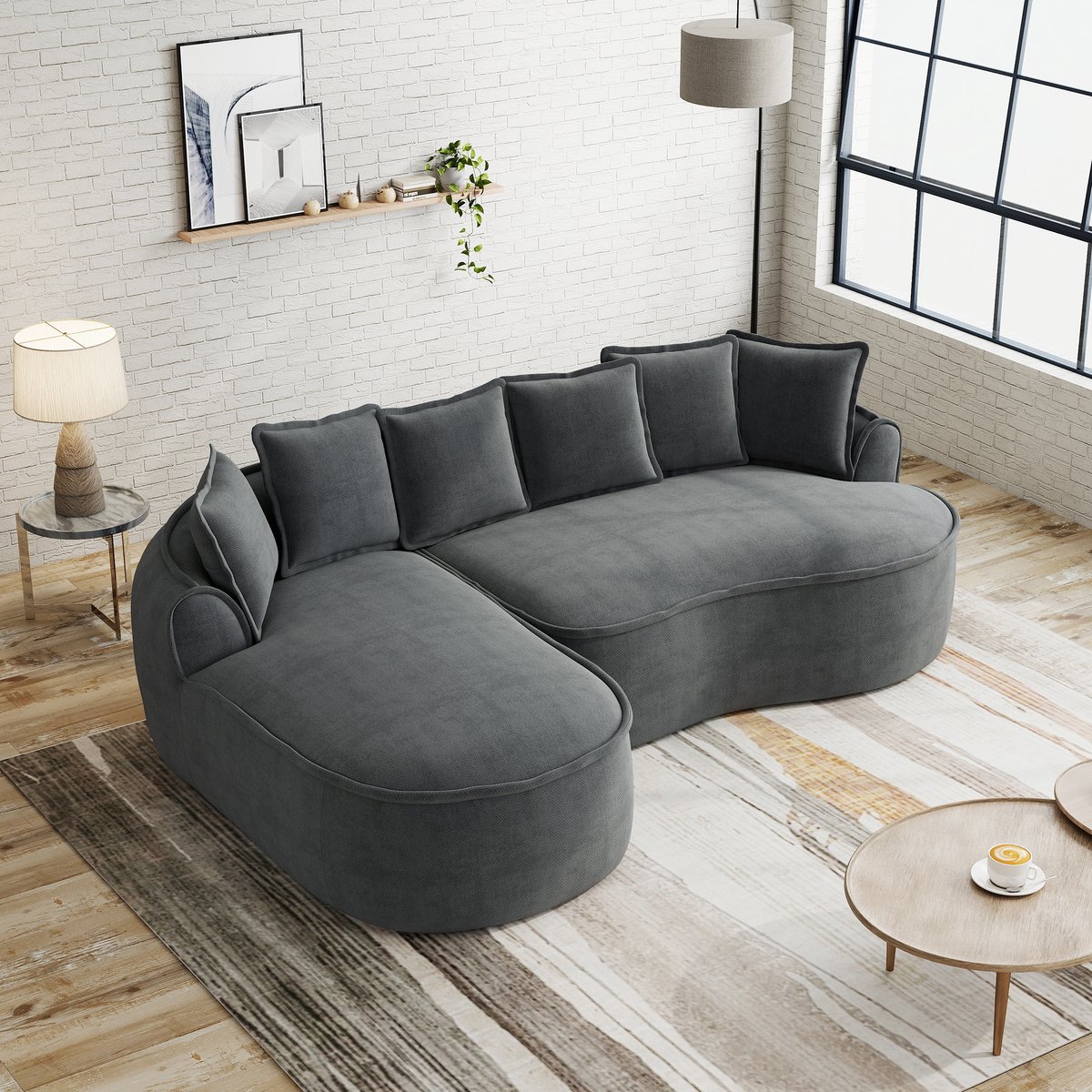 Zubaliya Frameloze Modulaire Hoekbank, L-Bank, 3-Zitsbank, Chenille stof, Cloud Bank van Schuim, L-vormig met Extra diepe Zitting en Brede Armleuningen, Inclusief Chaise Longue en Kussens, Geen Montage Nodig-Grijs