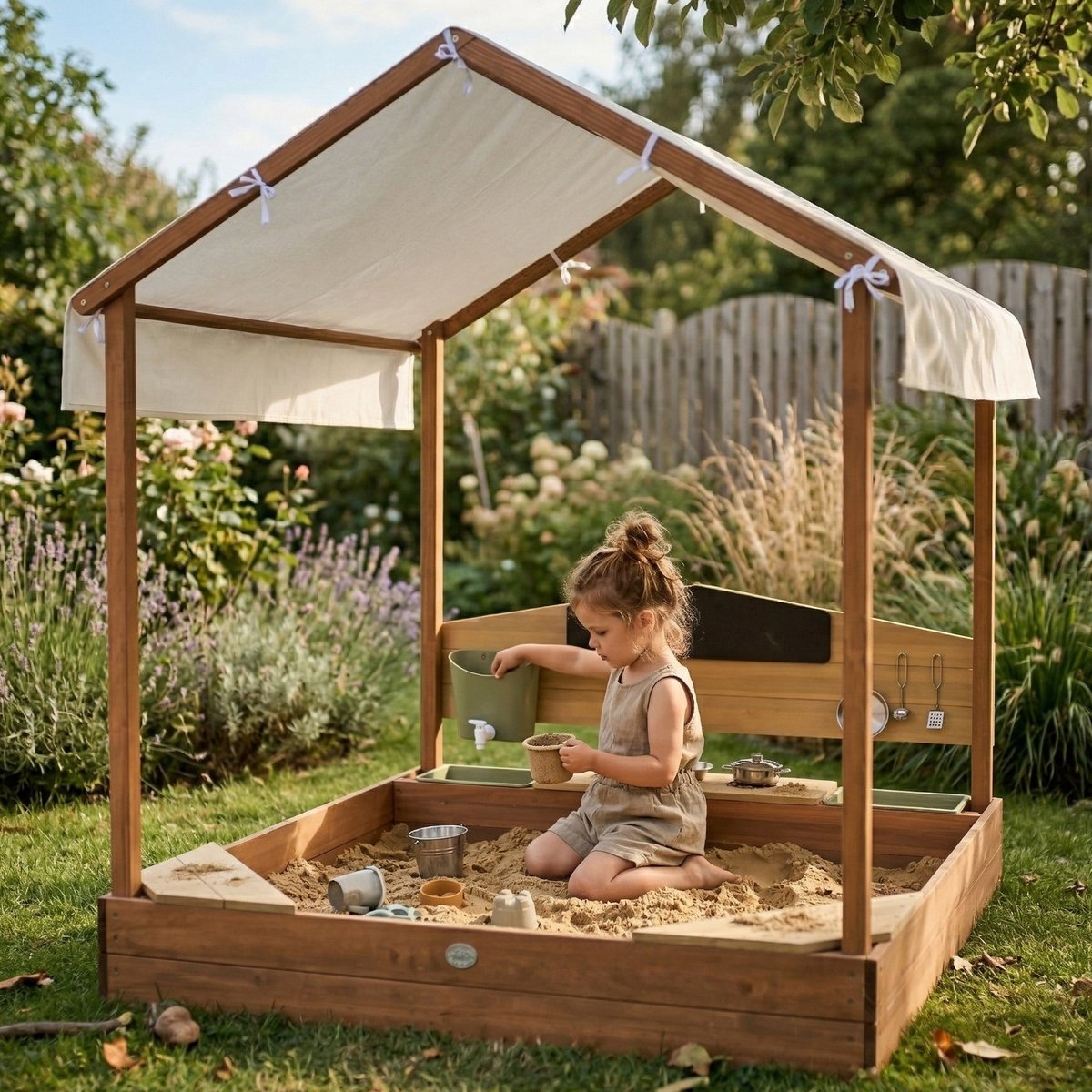 AXI Meli Zandbak & Speelhuisje 120 x 120 cm met Speelkeuken – Bruin - Met Dak – FSC hout – Met Krijtbord, Watertank en 6-delig Speelgoed Kookset – Met 2 Bankjes - Inclusief gronddoek – 10 jaar garantie — afbeelding 8