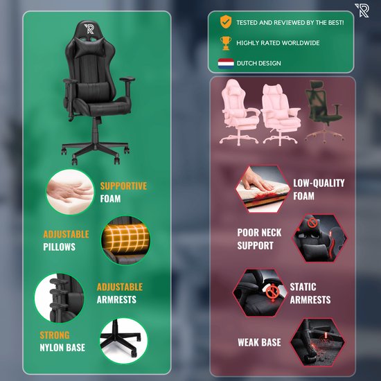 Ranqer Felix – Chaise gaming avec dossier et accoudoirs réglables – Siège gamer Noir