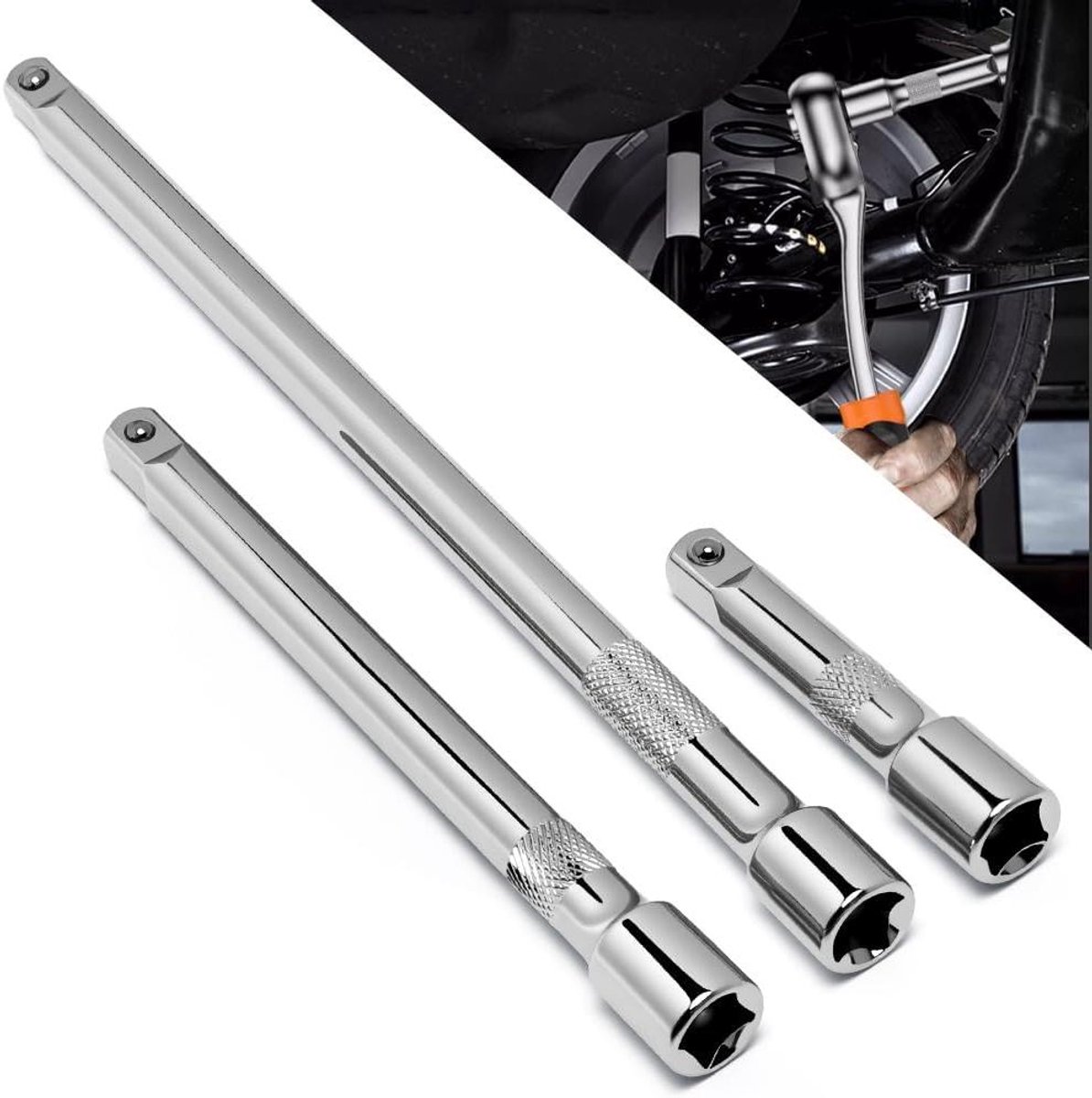 Verlengde verbindingsstang - Flexibele as - Moeilijke plekken bereiken - Vierkante kop - 250 mm lengte - Zilver
