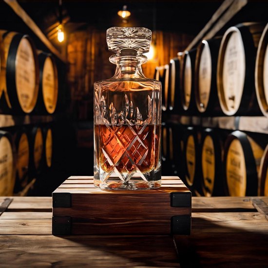 Whisky karaf voor mannen, houten whiskykaraf, whiskyfles, geschenken voor mannen, whiskykaraf, drankdispenser, glazen karaf (1 liter glas