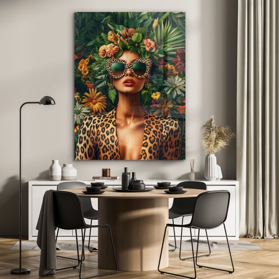 MuchoWow® Peinture sur verre 90x120 cm - Peinture sur verre acrylique - Femme - Imprimé Panthère - Jungle - Nature - Luxe - Photo sur verre - Décoration murale salon - Décoration murale chambre - Peintures