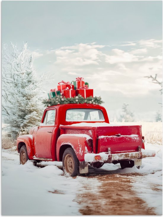 Poster 30x40 cm - Auto - Rood - Cadeaus - Winter - Sneeuw - Kerst - Posters - Kamer decoratie - Wanddecoratie woonkamer - Muurdecoratie slaapkamer - Kerstversiering - Kerstdecoratie voor binnen - Kerstmis