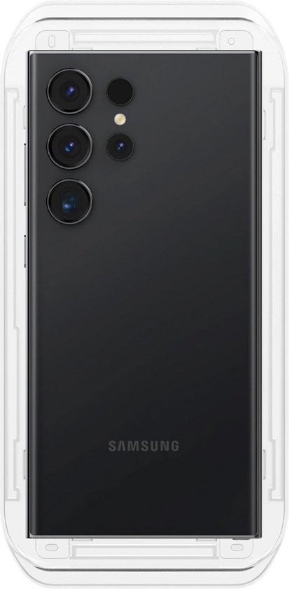 Zwarte Samsung Galaxy S24 Ultra telefoon met een installatieframe.