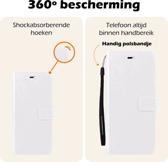 Illustratie van een wit telefoonhoesje in boekstijl, met focus op de schokabsorberende hoeken en een polsbandje voor gemak.