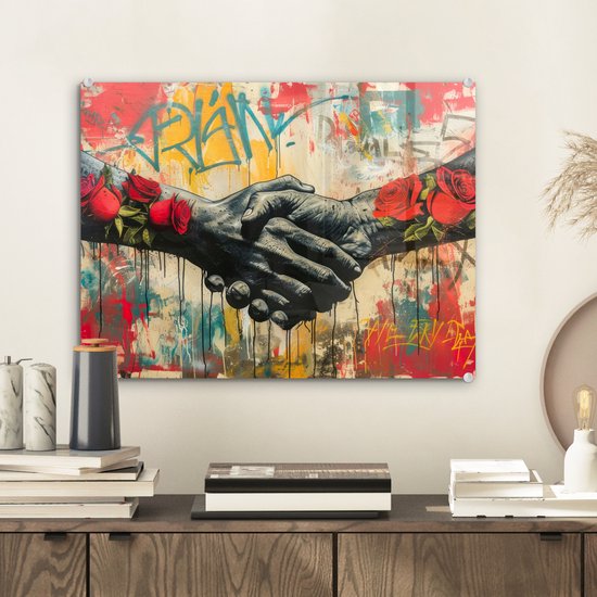 MuchoWow® Peinture sur verre 40x30 cm - Peinture sur verre acrylique - Graffiti - Roses - Mains - Street art - Photo sur verre - Décoration murale salon - Décoration murale chambre - Peintures