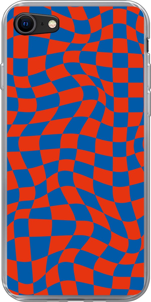 Telefoonhoesje Geschikt voor iPhone SE 2020 hoesje - Golvende vakjes - Blauw - Rood - Abstract - Siliconen Telefoonhoesje Telefoonhoesje