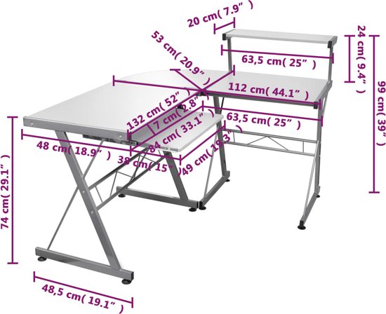 vidaXL Bureau d'angle - Bois fini - 132x112x99 cm - Wit Bureau d'angle - Poste de travail - Bureau pour ordinateur portable - Bureau compact - Bureau Witte