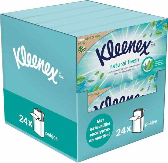 Boîte d'emballage économique Kleenex Natural Fresh de 24 paquets à l'eucalyptus et au menthol, 100% recyclable.