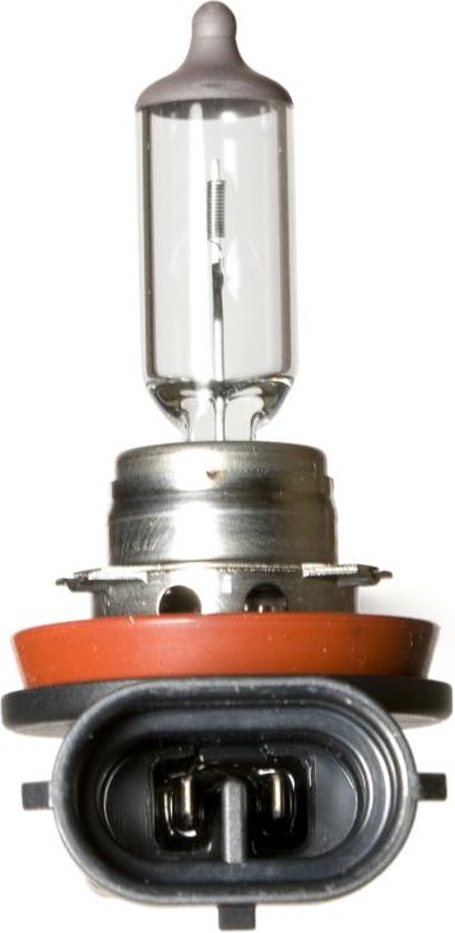 H11-halogeenlamp met metalen voet, rode rubberen afdichtring en zwarte kunststof connector.
