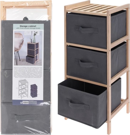 Grijze stoffen opbergkast met houten frame en 3 lades, waarvan één open.