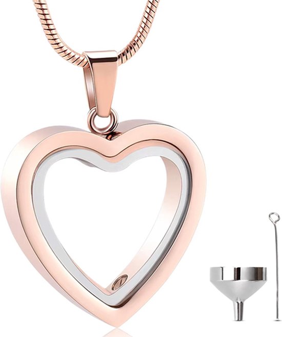 Rosegouden hartvormige ashanger met opengewerkt middenstuk aan slangenketting, met meegeleverde trechter en pin voor asvulling.