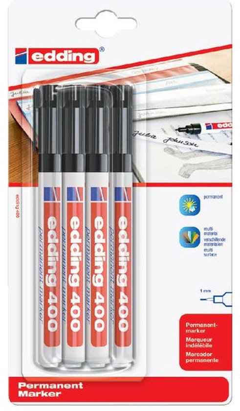 edding 400 Marqueur permanent - noir - 4 stylos - pointe ronde fine 1 mm - sèche vite, résiste à l'eau et aux frottements - pour carton, plastique, bois, métal, verre