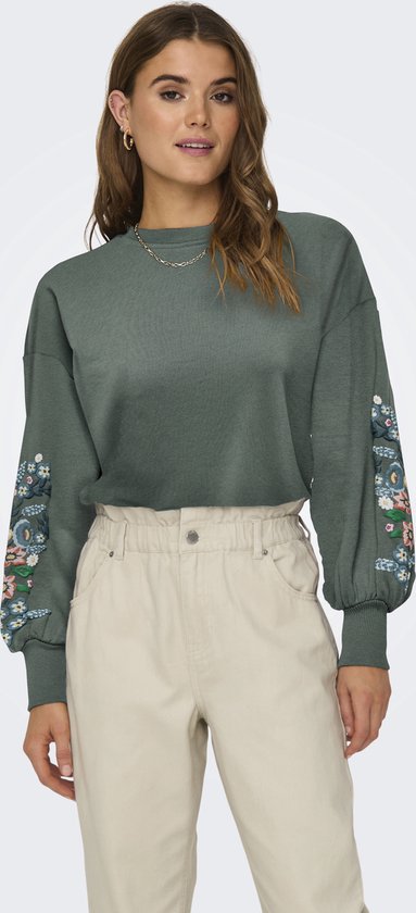 Pull Only Onlbrooke à manches longues et col rond, motif floral, manches longues, Noo 15216364, vert balsam, manches à fleurs Multi , taille femme : S