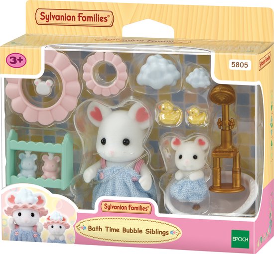 Verpakking Sylvanian Families 'Bath Time Bubble Siblings' met muizen en badkamer speelgoed.