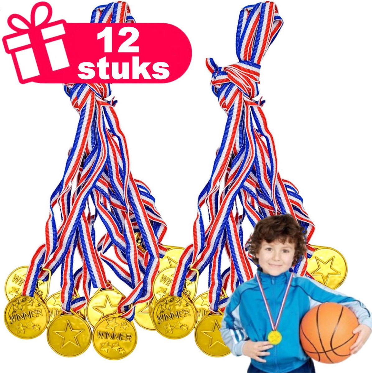 Henbrandt - 12 Stuks Gouden Medailles met Rood / Wit / Blauw Lint - Winnaars medaille voor kinderen - Traktatie voor Kinderfeestjes, School Sport en Toernooien