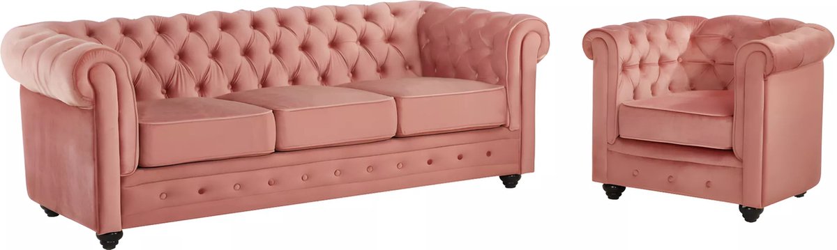 Vente-unique Driezitsbank en fauteuil CHESTERFIELD - velours - pastelroze Poederroze