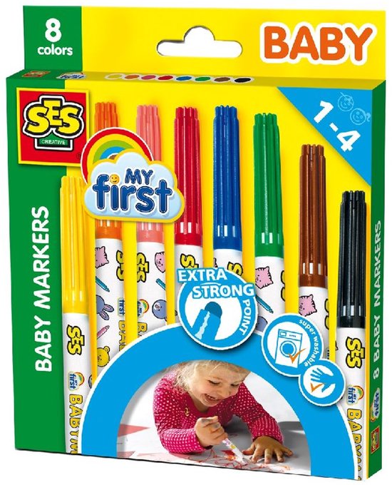 SES Creative - My First - Baby Markers - 8 Kleuren Stiften - Veilige Dop - Ronde, Stevige Punt - Makkelijk Uitwasbaar – 1 tot 4 jaar