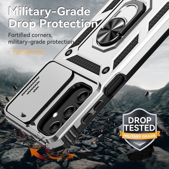 Coverup Ring Kickstand Couverture arrière avec Shield d'appareil photo adapté à la coque Samsung Galaxy A35 - Grijs