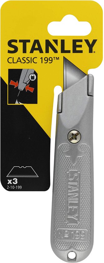 Stanley Classic 199 mes met zilverkleurig handvat en drie reservemessen. Geel met zwart karton.