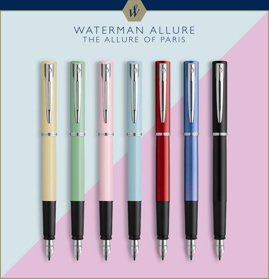 Zeven Waterman Allure pennen in pastelkleuren: geel, mintgroen, roze, lichtblauw, rood, blauw en zwart.