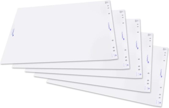 Stapel blanco vellen papier met blauwe Legamaster-logo's en perforaties aan de zijkant.